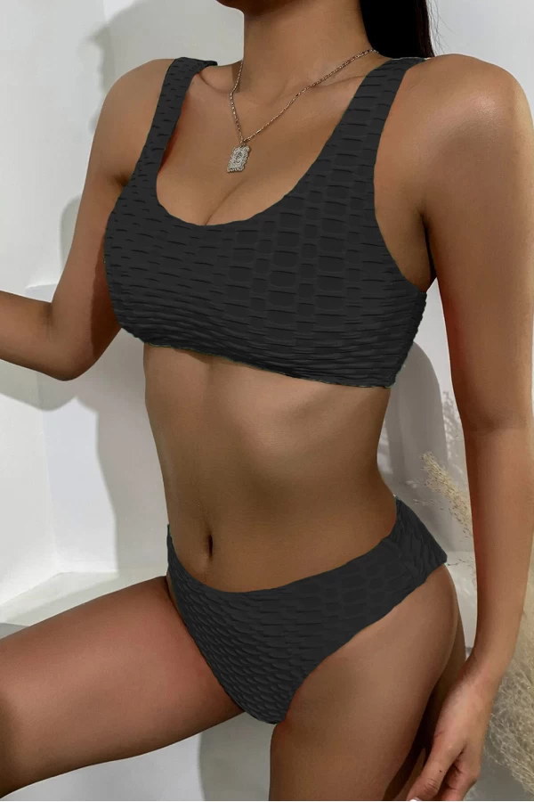 Black Textured Rectangle Short Tank Bikini Top& High Cut Bottom